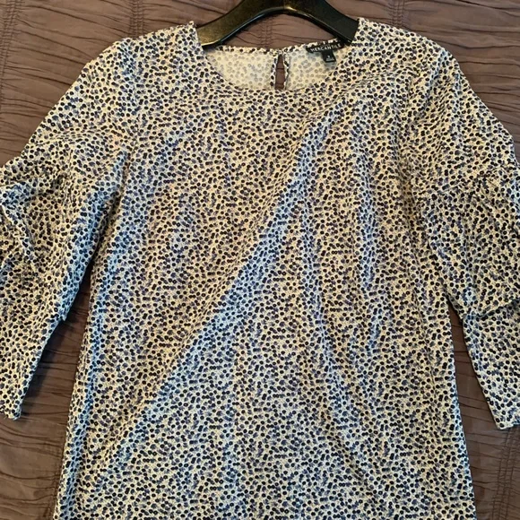 Women's Blue and White Ditsy Print Ruffle Sleeve Top - Picture 3 of 4